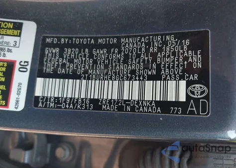 2016 Toyota Corolla Le Plus из США, поврежденный, VIN 2T1BURHE8GC673443